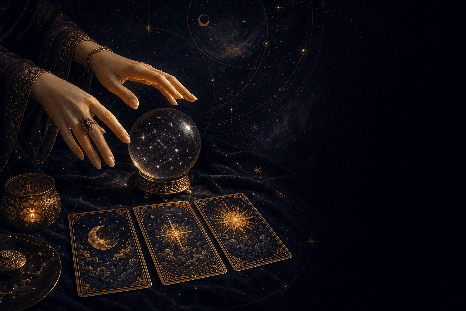 Celestial tarot consultation with a crystal sphere and cards